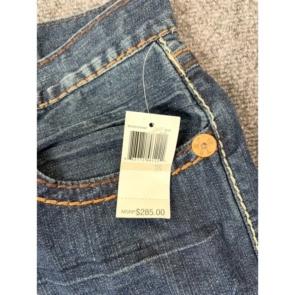 NWT True Religion Men's Blue Denim Cut Off Shorts Dark Wash Mid Rise‎ Baggy 36